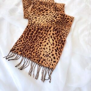 Leopard Print Fringe Scarf Shawl Wrap Soft Brown Tan Winter Animal Print